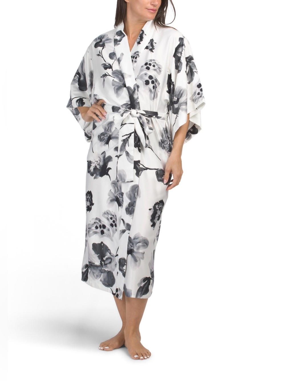 NATORI Aurelia Charmeuse Luxurious Floral Kimono Robe - Black / White Size S